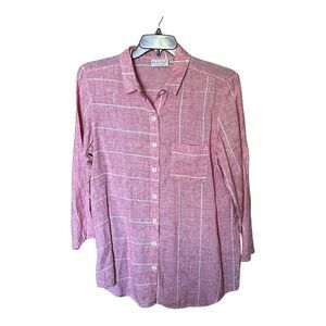Habitat Linen Change Your Stripes Boyfriend Pocket Button Front Shirt Size MED.